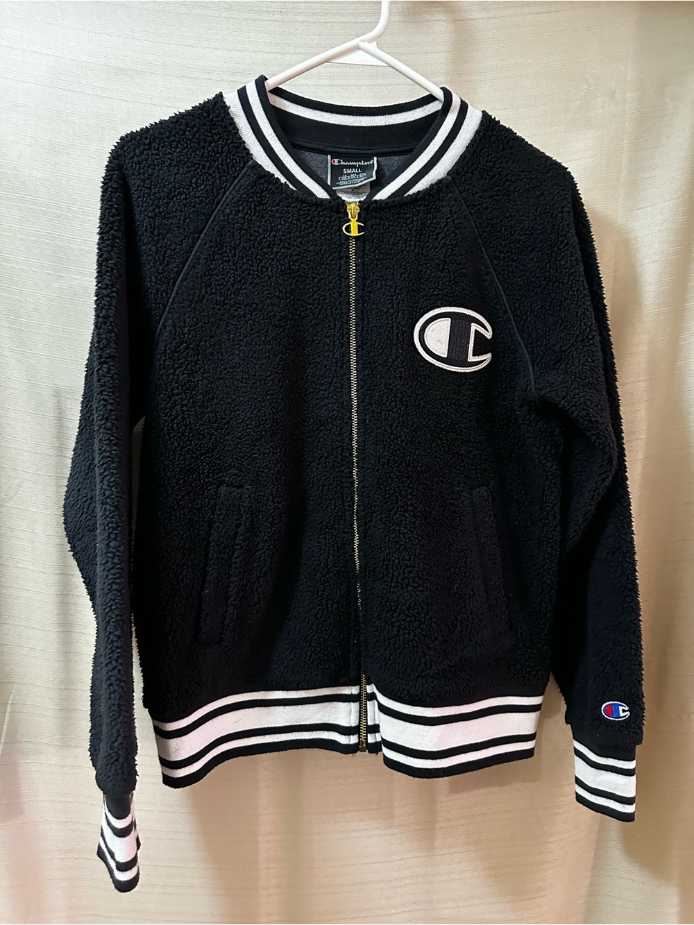 Champion 2018 Sherpa Teddy Fleece Varsity Bomber Jacket Spellout Logo Small